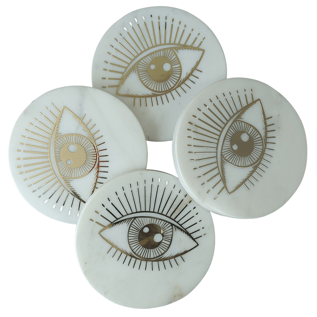 Evil Eye Brassed Round Marble Coasters - Set of 4 - MAIA HOMES