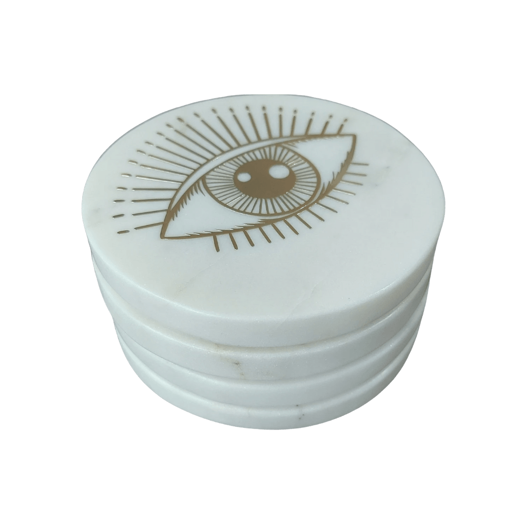 Evil Eye Brassed Round Marble Coasters - Set of 4 - MAIA HOMES