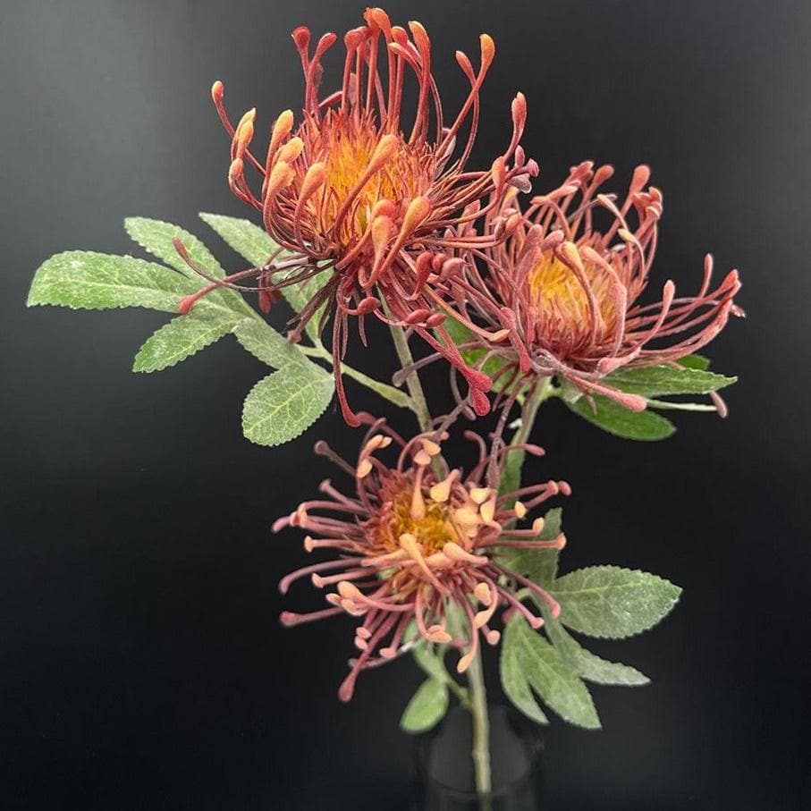 Exotic Flocked Leucospermum Artificial Flower Stem Orange Red