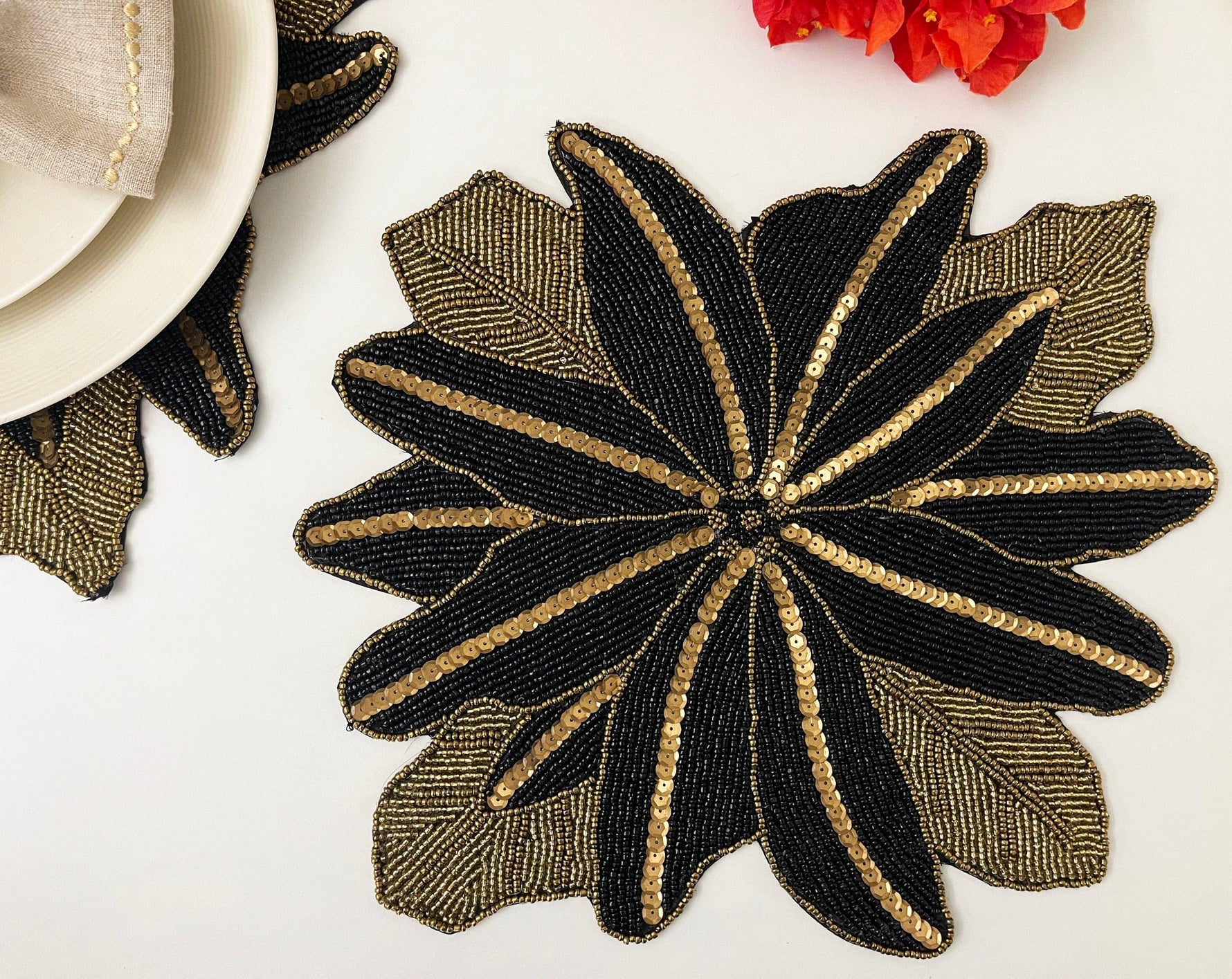 Exotic Flower Beaded Placemat, Gold/Black Set of 6