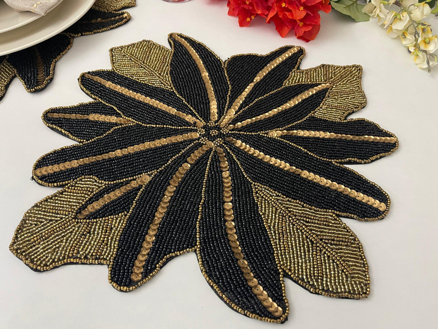 Exotic Flower Beaded Placemat, Gold/Black - MAIA HOMES