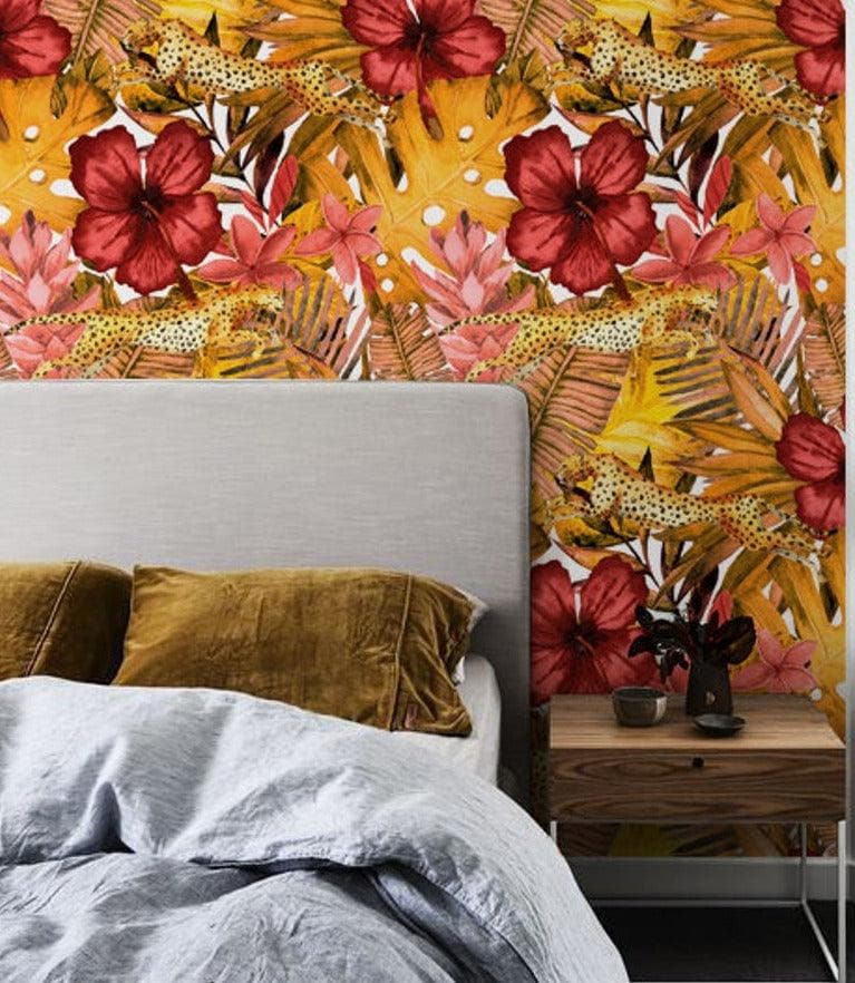 Exotic Red Hibiscus and Leopard Wallpaper