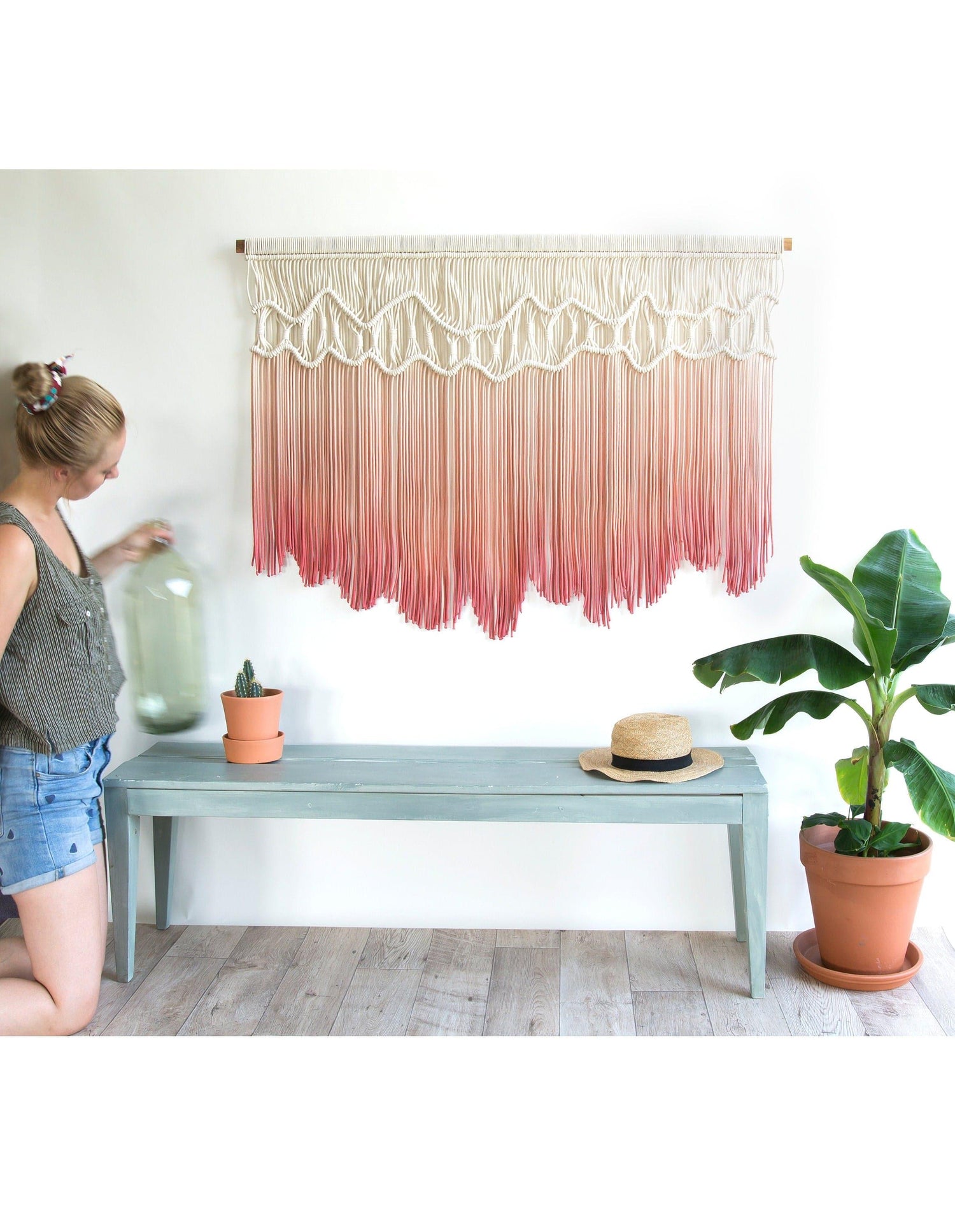 Extra Large Hand Woven Macrame Wall Hanging - dyed in PinkGreen