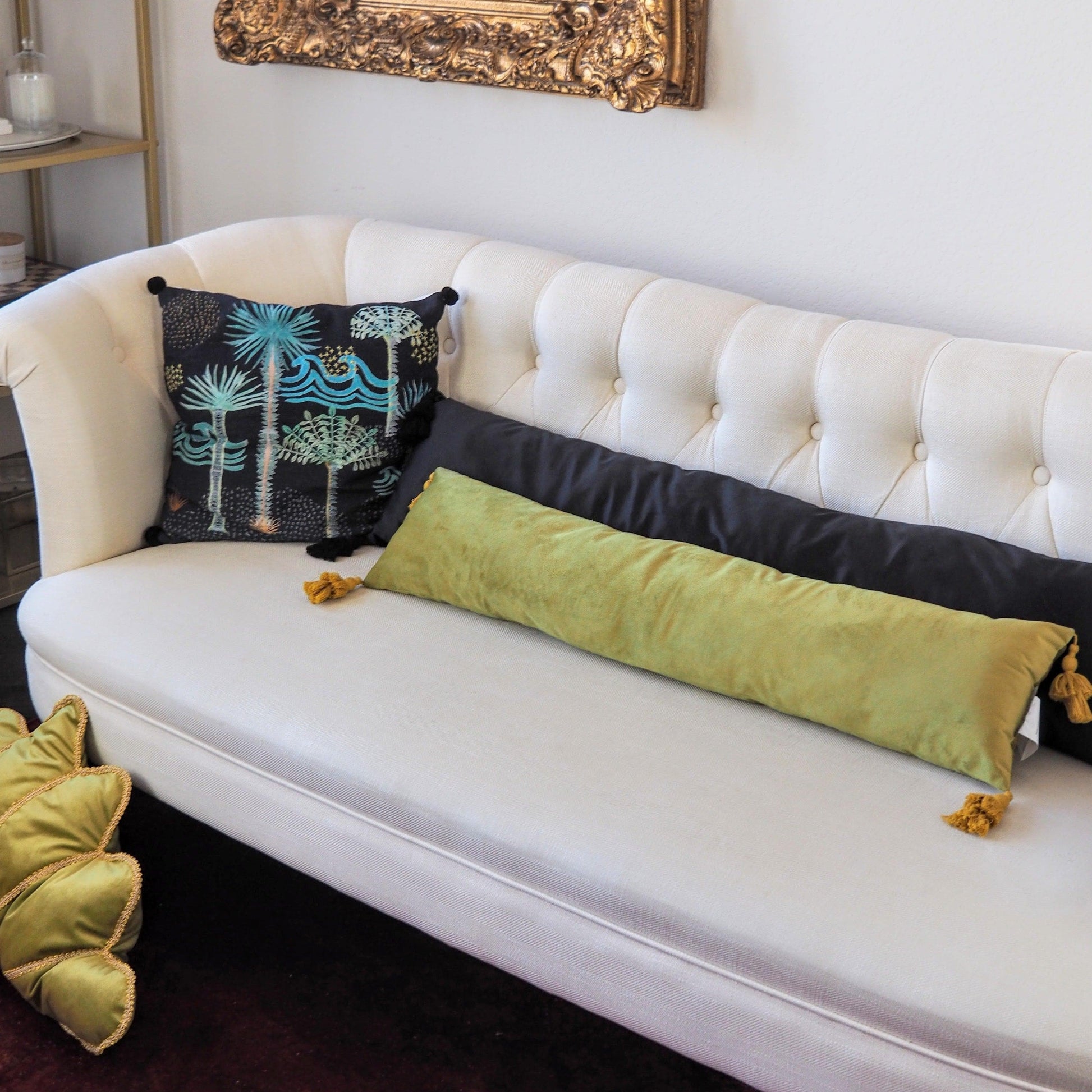 Golden Velvet Extra Skinny Long Lumbar Pillow with Tassels 