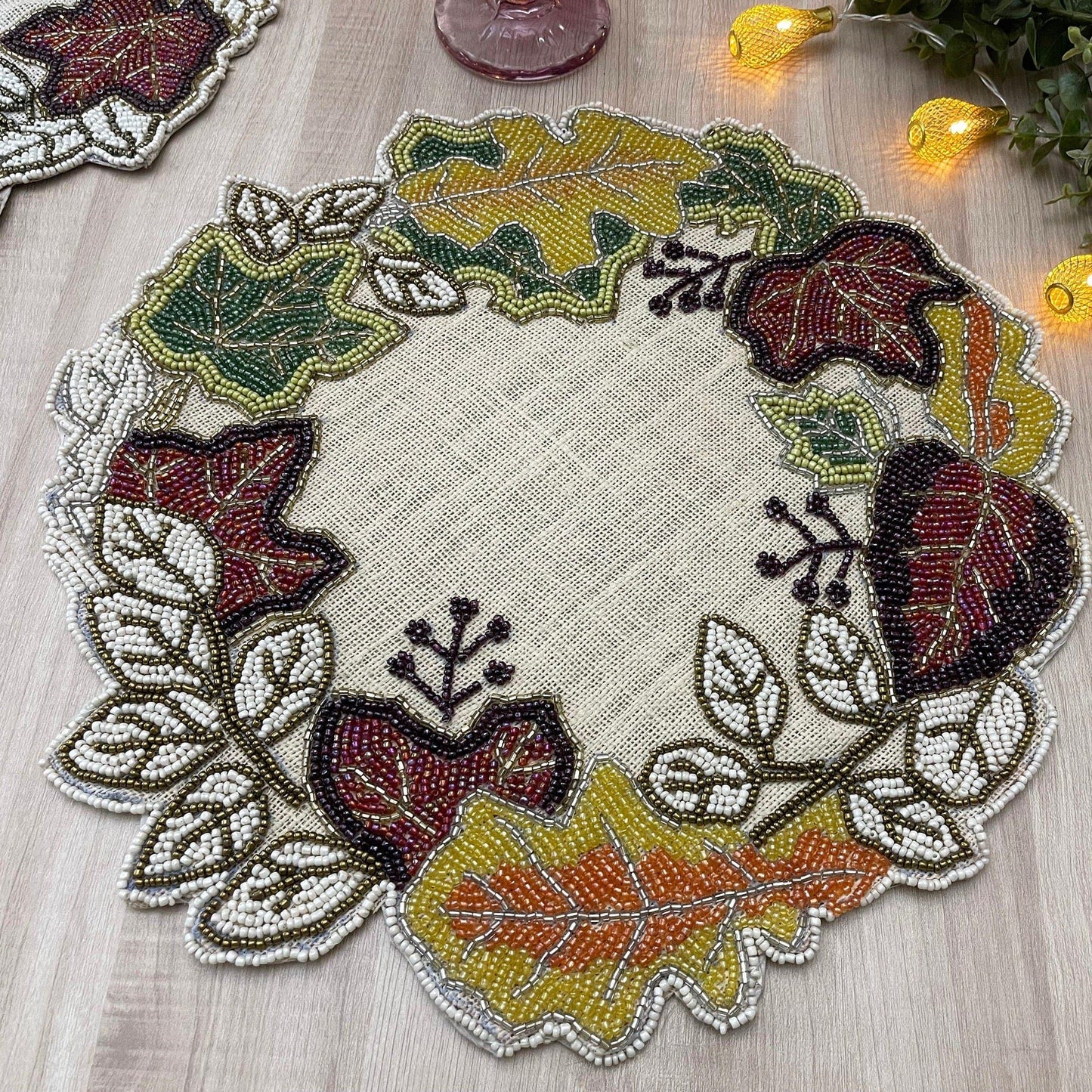 Fall Maple Leaves Beads on Burlap Round Placemat - MAIA HOMES