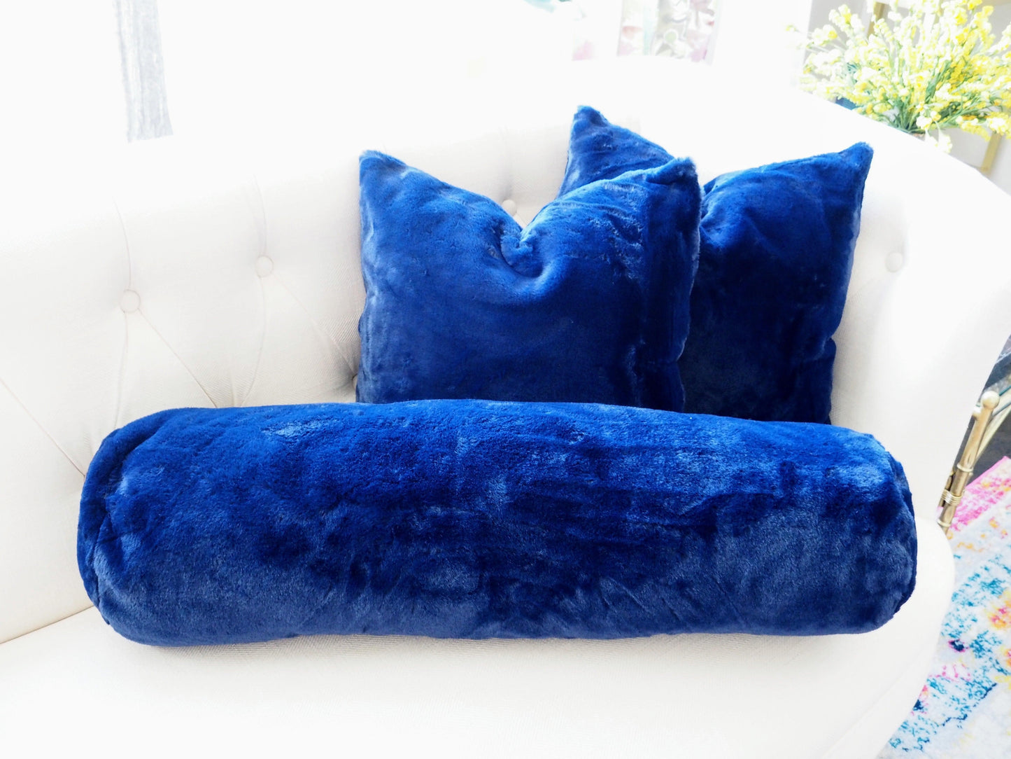 Faux Fur Bolster Pillow with Adjustable Insert - Blue - MAIA HOMES