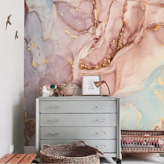 Faux Gold and Blush Abstract Watercolor Marble Wallpaper - MAIA HOMES