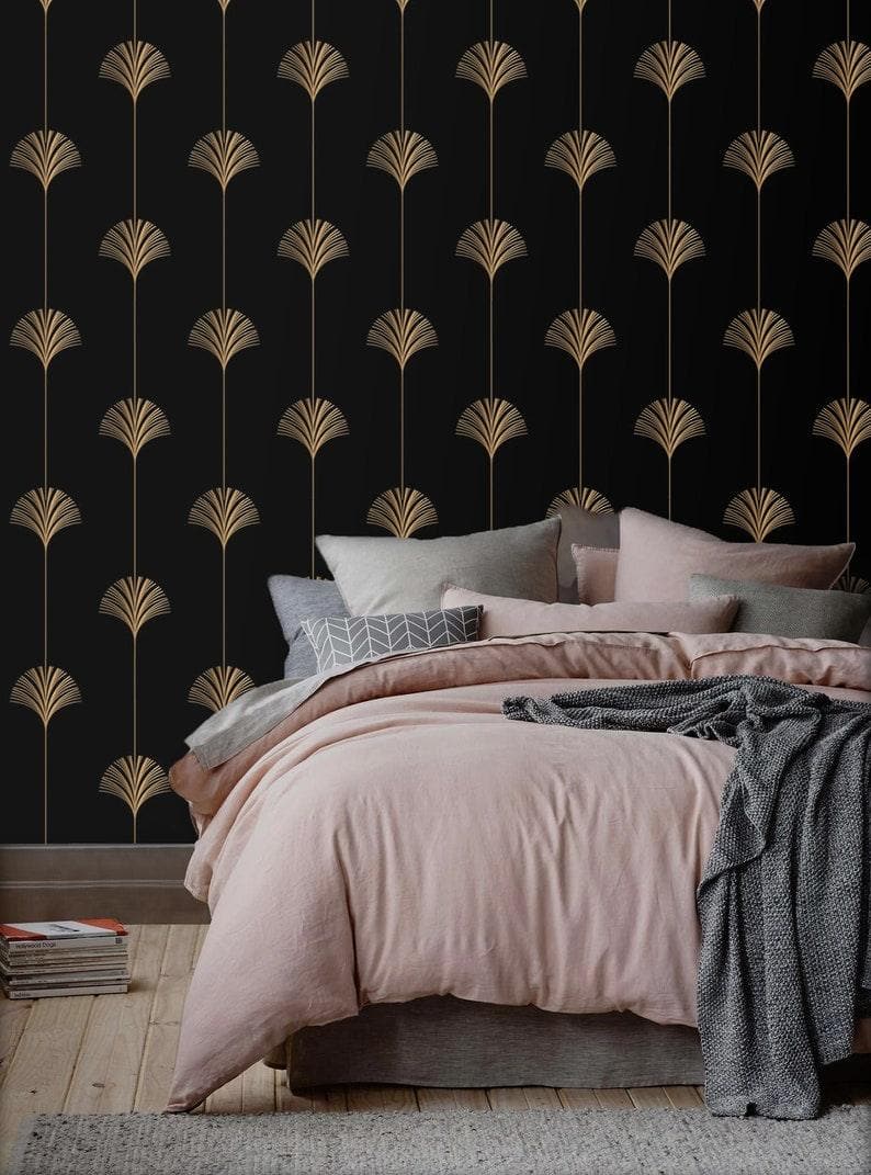 Faux Gold Black Art Deco Fan Wallpaper