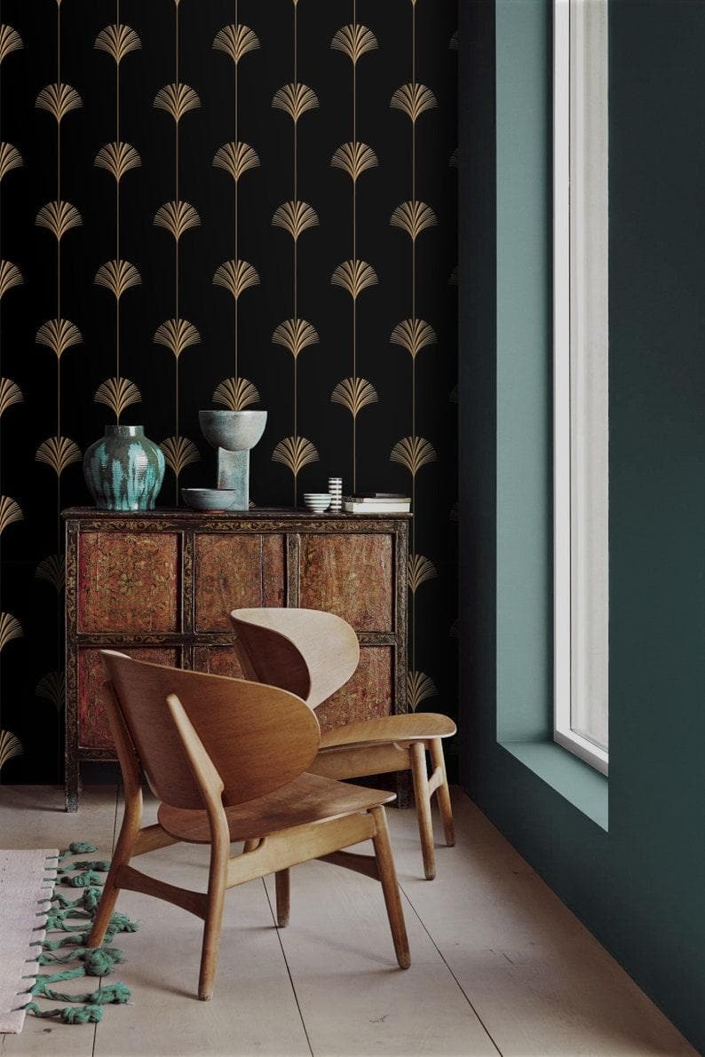 Faux Gold Black Art Deco Fan Wallpaper