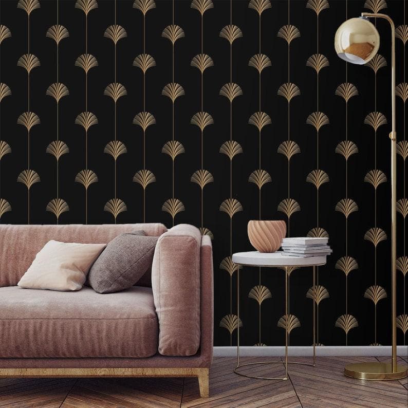 Faux Gold Black Art Deco Fan Wallpaper