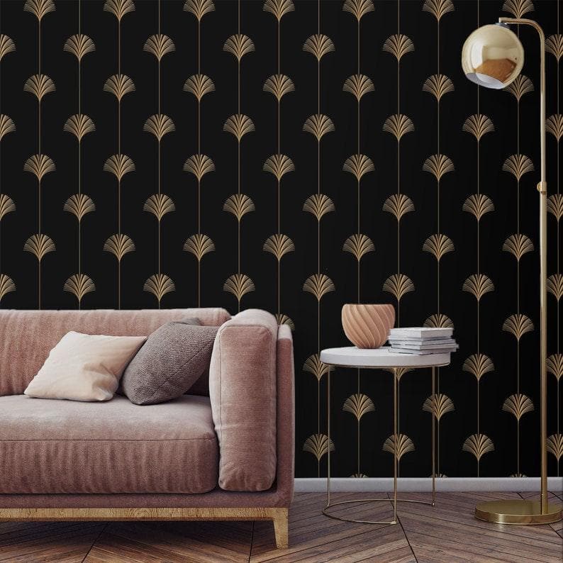 Faux Gold Black Art Deco Fan Wallpaper - MAIA HOMES