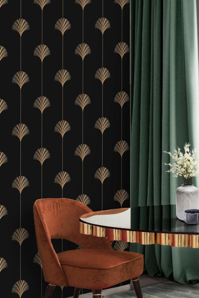 Faux Gold Black Art Deco Fan Wallpaper