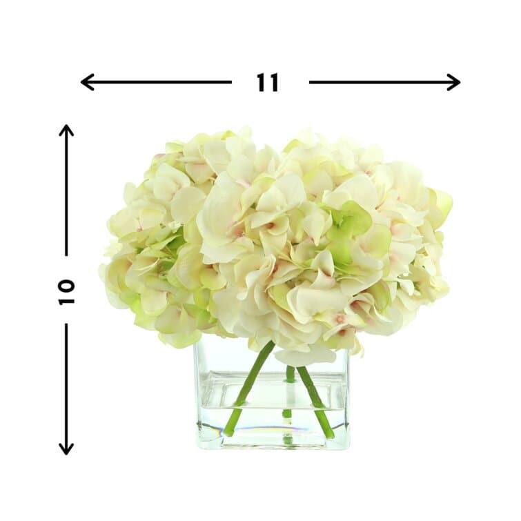 Faux Hydrangea Floral Arrangement in Glass Vase