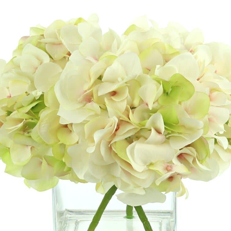 Faux Hydrangea Floral Arrangement in Glass Vase