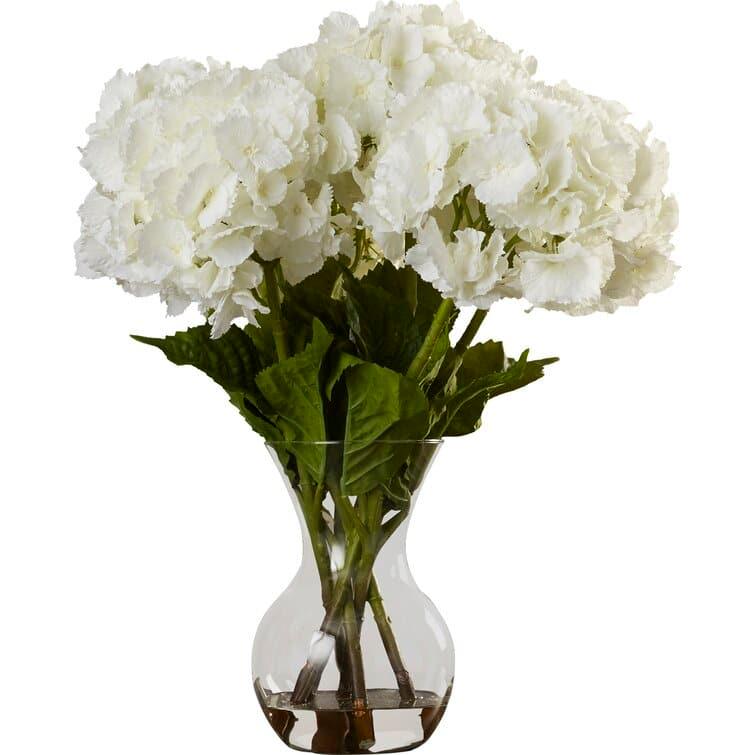 Faux Large Hydrangea Floral Arrangement in Glass Vase