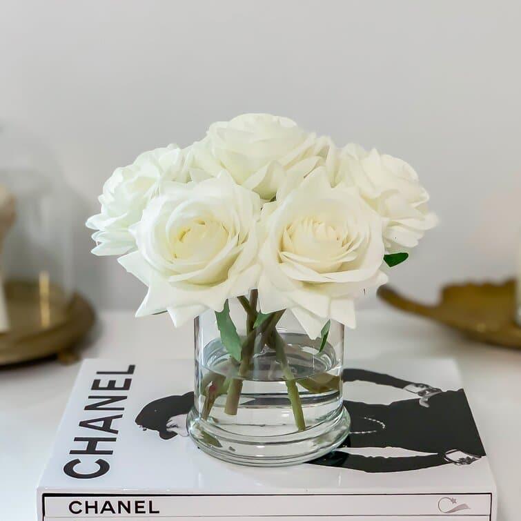 Faux Roses Floral Arrangements in Glass Vase - MAIA HOMES