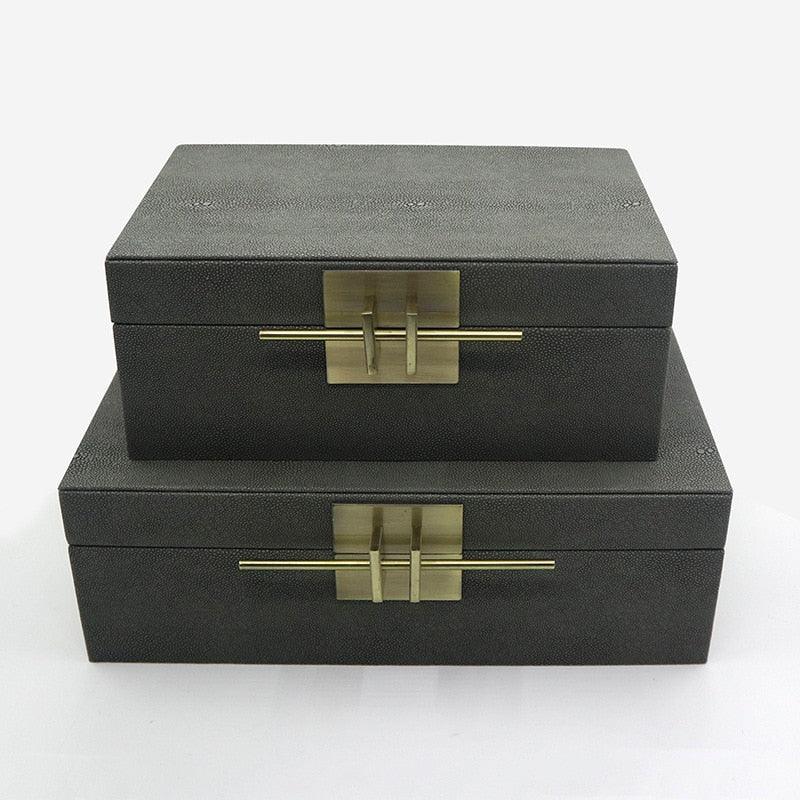 Faux Shagreen Jewelry Storage Box with Golden Handle Dark Gray