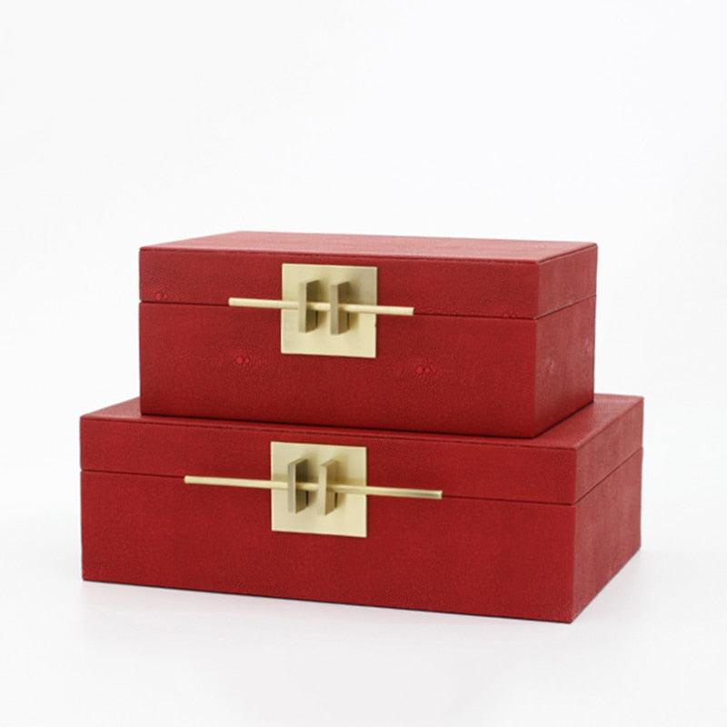 Faux Shagreen Jewelry Storage Box with Golden Handle Red