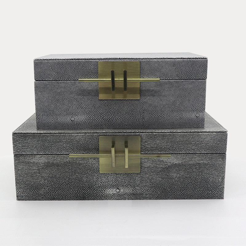 Faux Shagreen Jewelry Storage Box with Golden Handle Light Gray