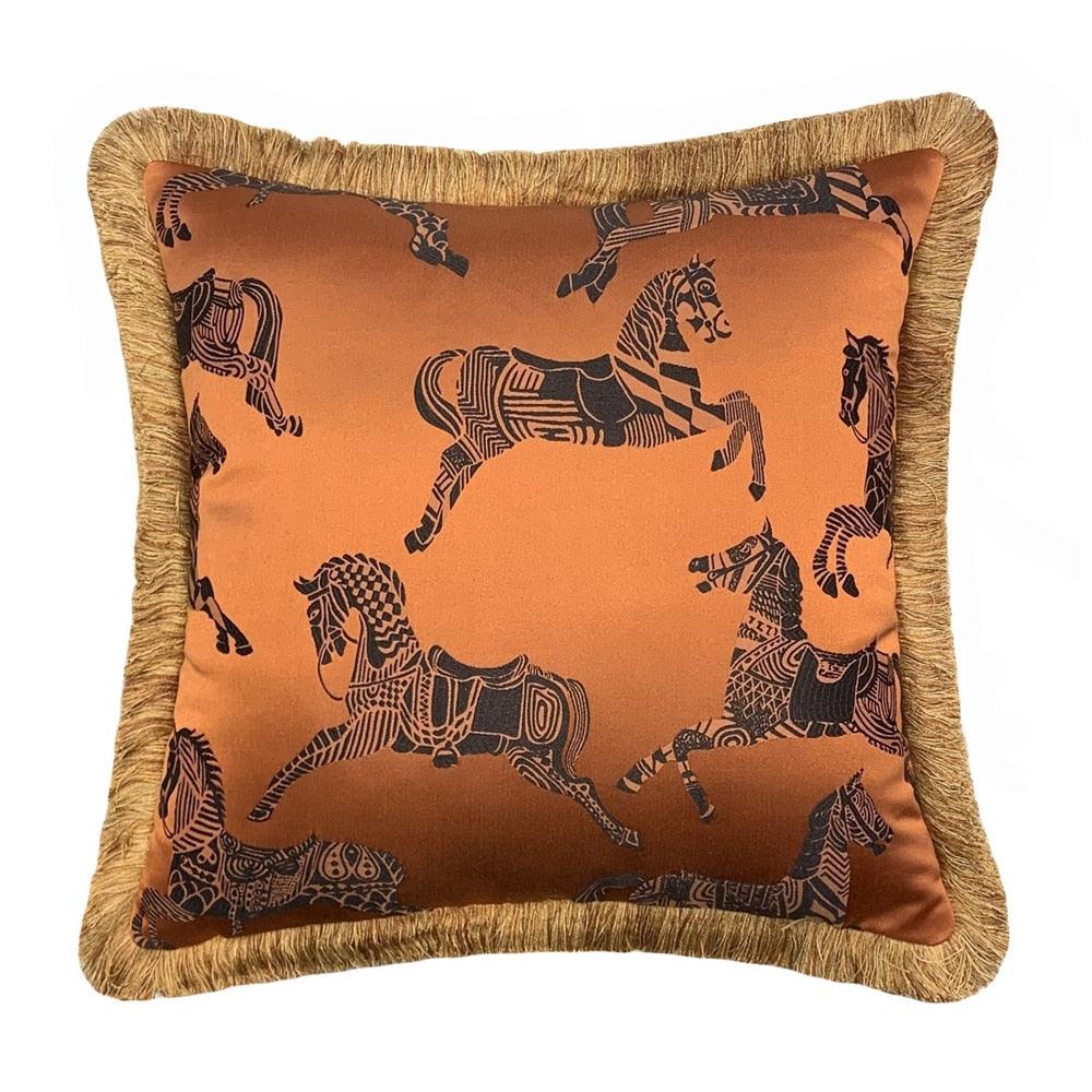 Faux Silk Orange Horses Pillow Cover with Golden Fringes Default Title