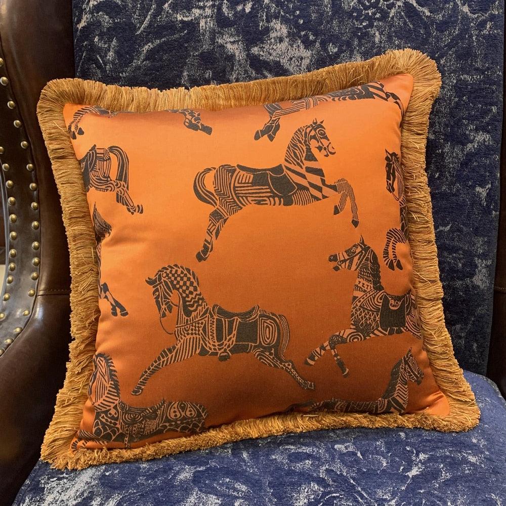 Faux Silk Orange Horses Pillow Cover with Golden Fringes