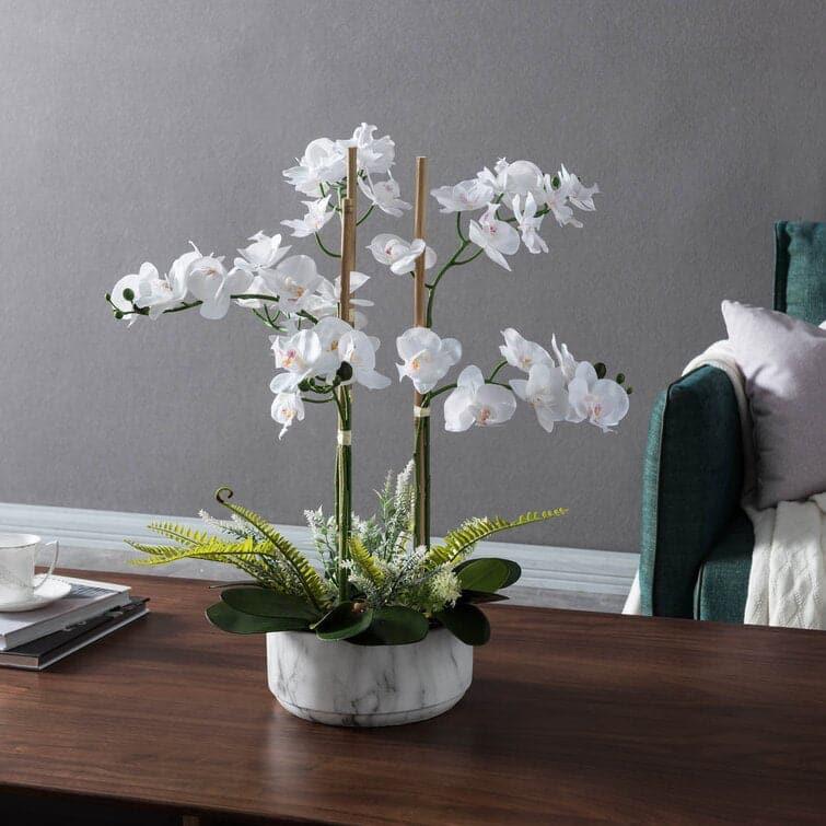 Faux White Orchid Floral Centerpiece in Marbled Pot Default Title