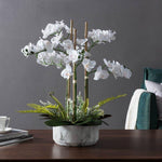 Faux White Orchid Floral Centerpiece in Marbled Pot