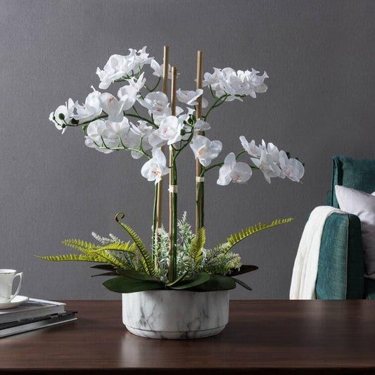 Faux White Orchid Floral Centerpiece in Marbled Pot - MAIA HOMES