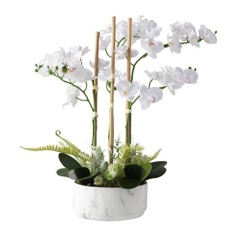 Faux White Orchid Floral Centerpiece in Marbled Pot