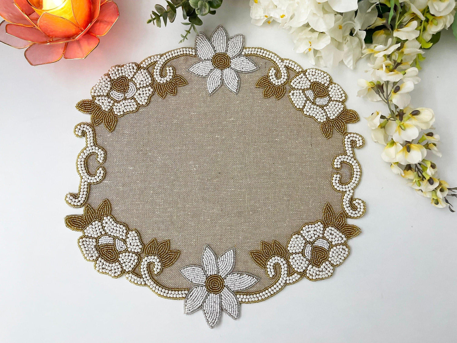 Floral Beaded Burlap Round Placemat