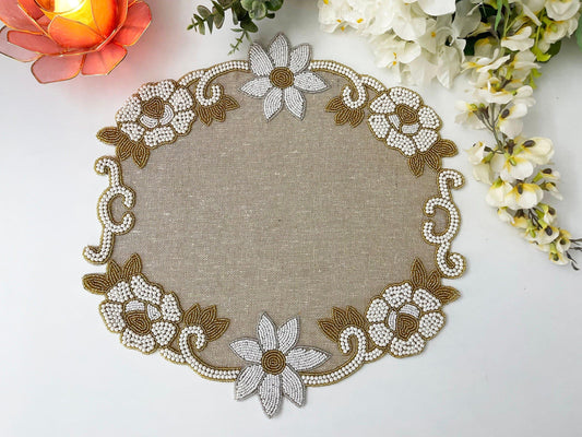 Floral Beaded Burlap Round Placemat - MAIA HOMES