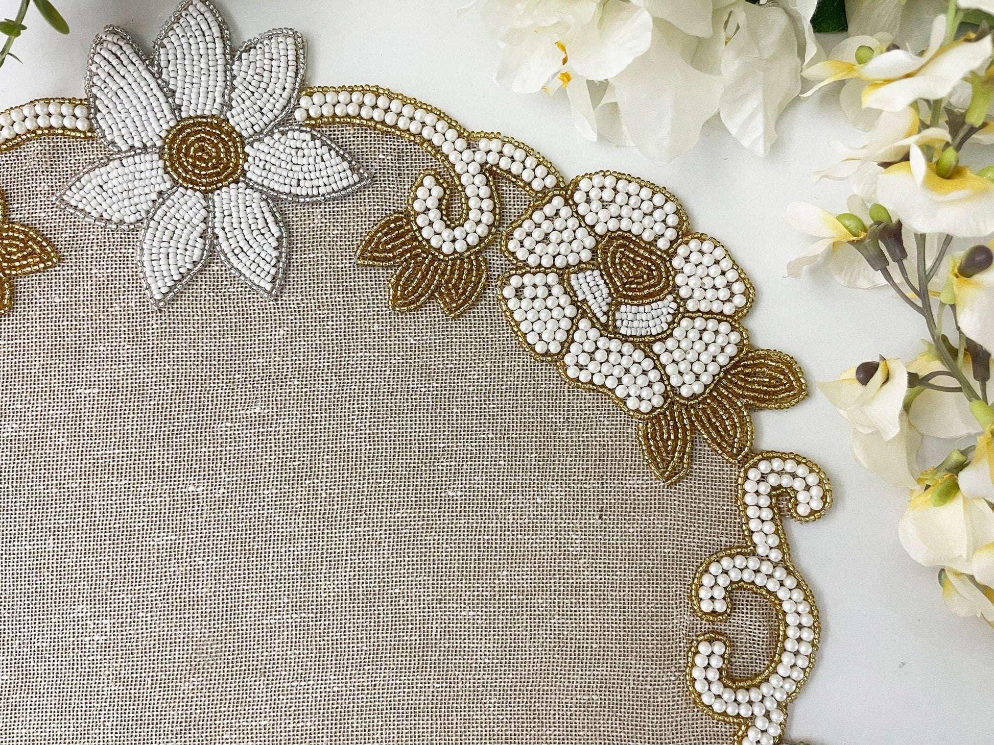 Floral Beaded Burlap Round Placemat