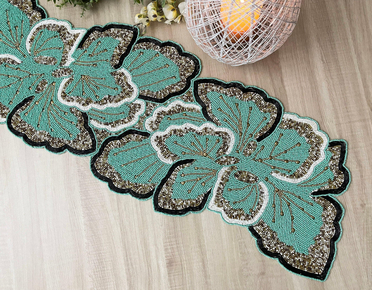 Floral Beaded Table Runner - Aquamarine Green Gold Default Title