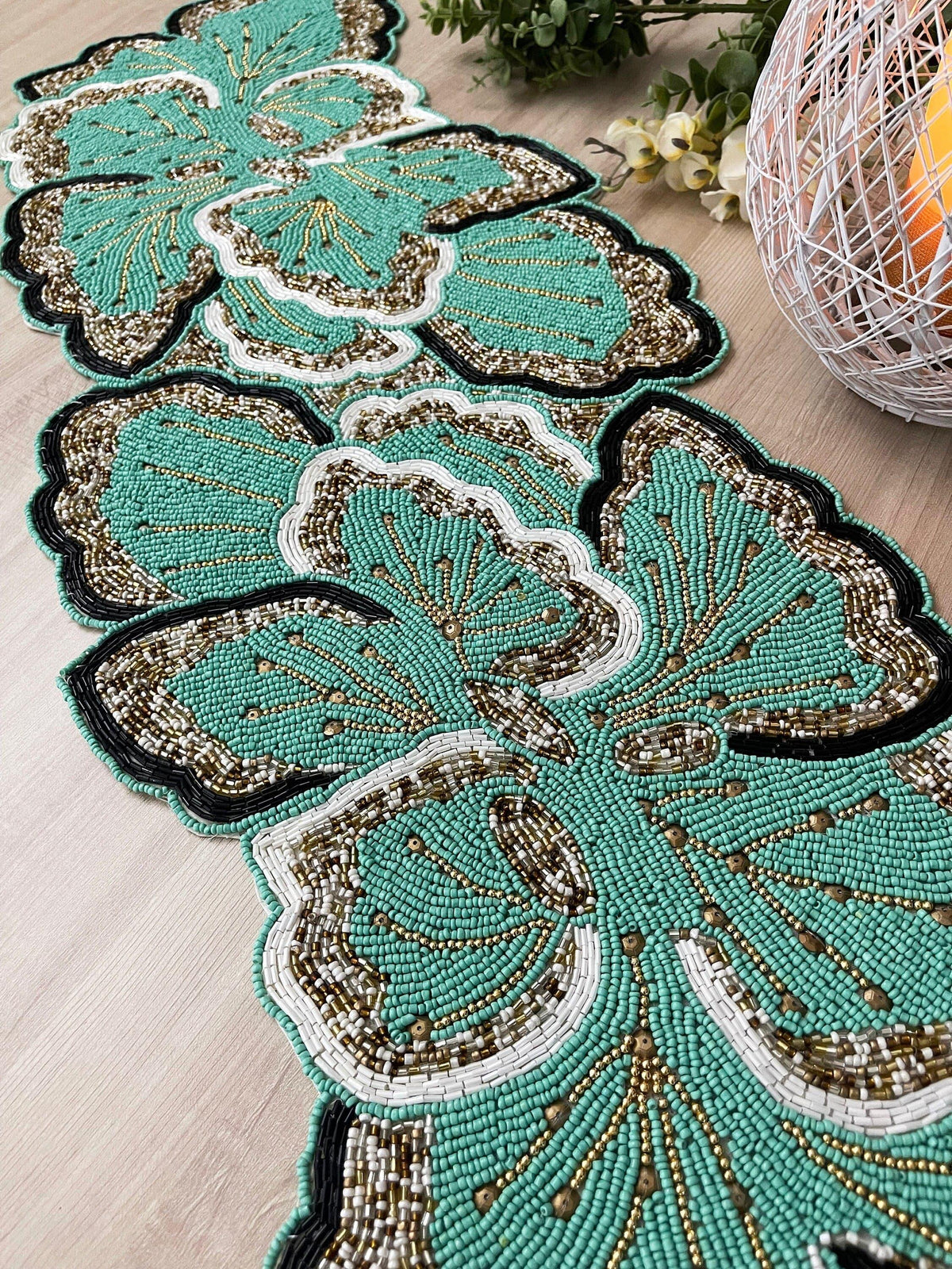 Floral Beaded Table Runner - Aquamarine Green Gold