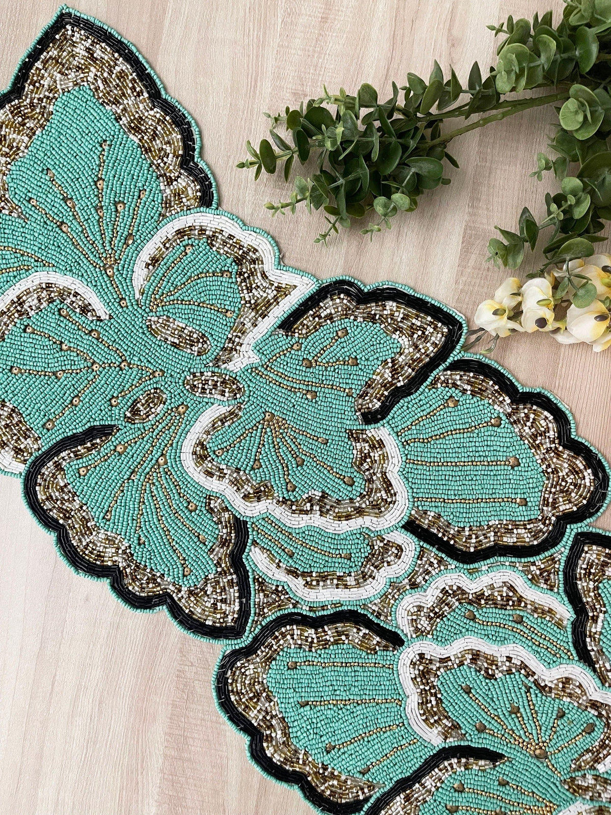 Floral Beaded Table Runner - Aquamarine Green Gold