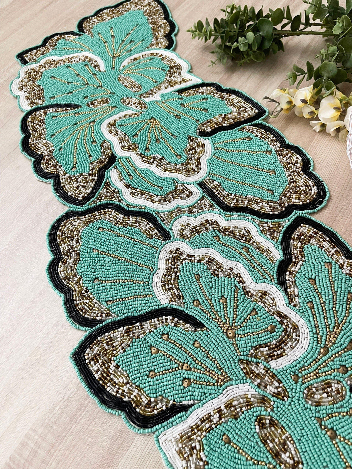 Floral Beaded Table Runner - Aquamarine Green Gold