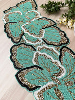 Floral Beaded Table Runner - Aquamarine Green Gold