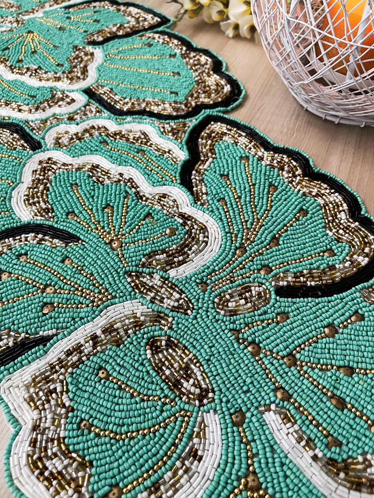 Floral Beaded Table Runner - Aquamarine Green Gold