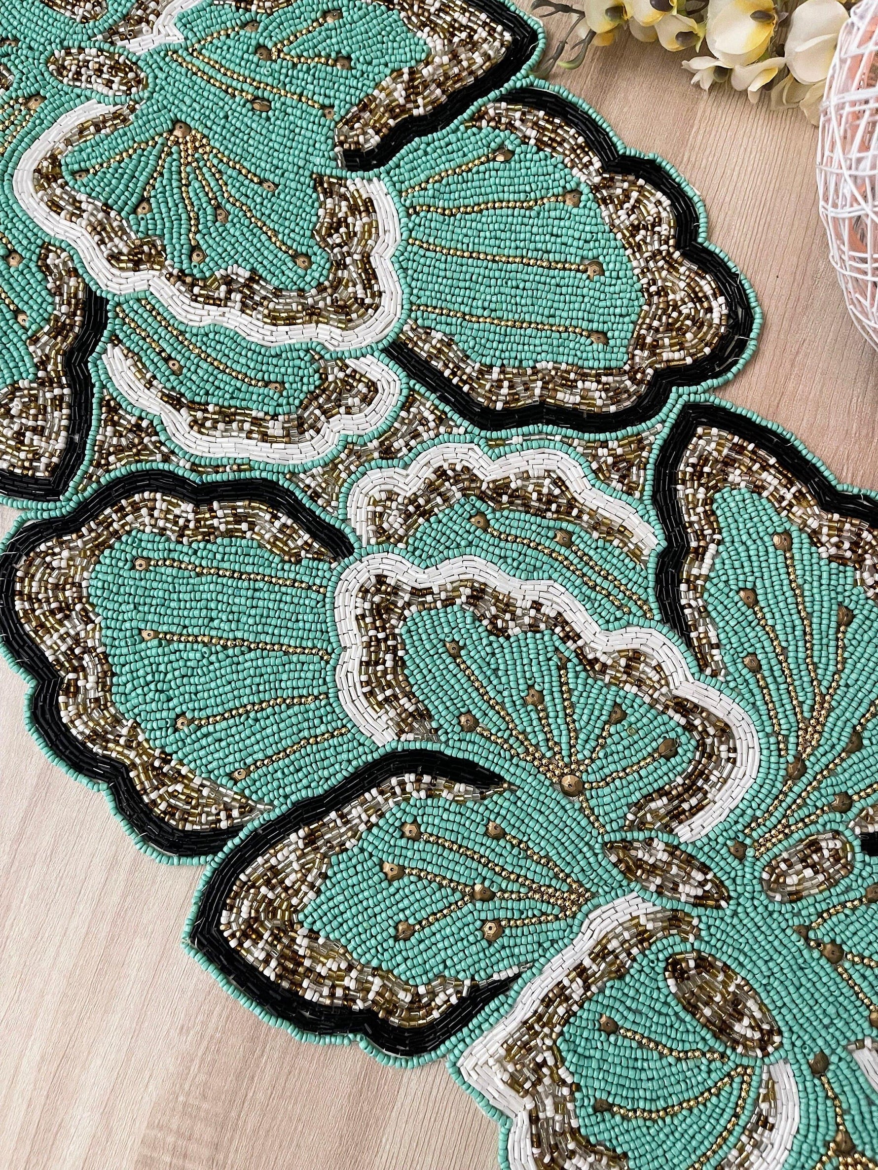 Floral Beaded Table Runner - Aquamarine Green Gold