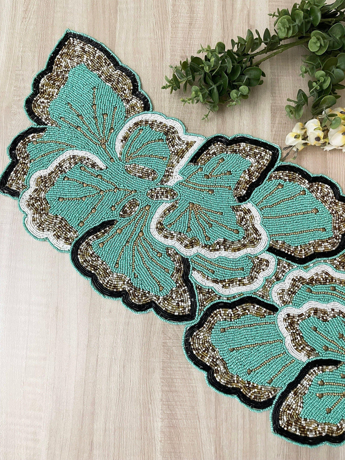 Floral Beaded Table Runner - Aquamarine Green Gold