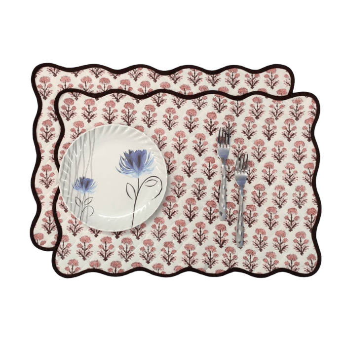 Floral Block Printed Scallop Cotton Placemats and Napkins