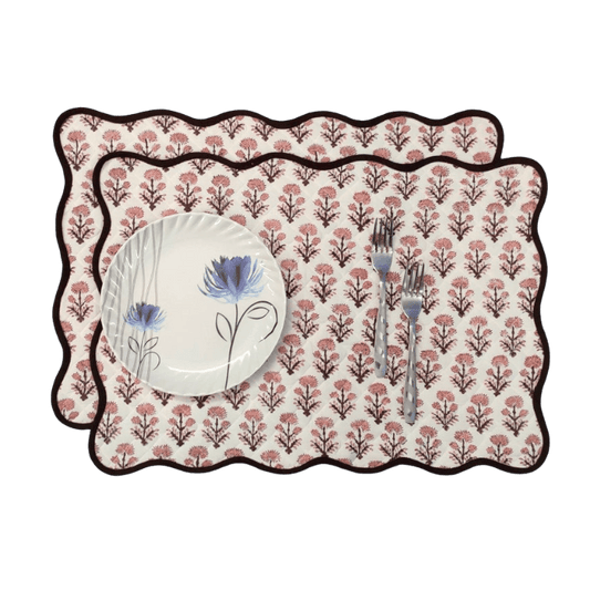 Floral Block Printed Scallop Cotton Placemats and Napkins - MAIA HOMES