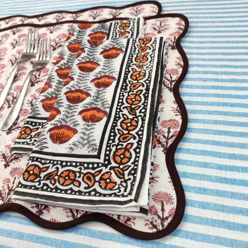 Floral Block Printed Scallop Cotton Placemats and Napkins