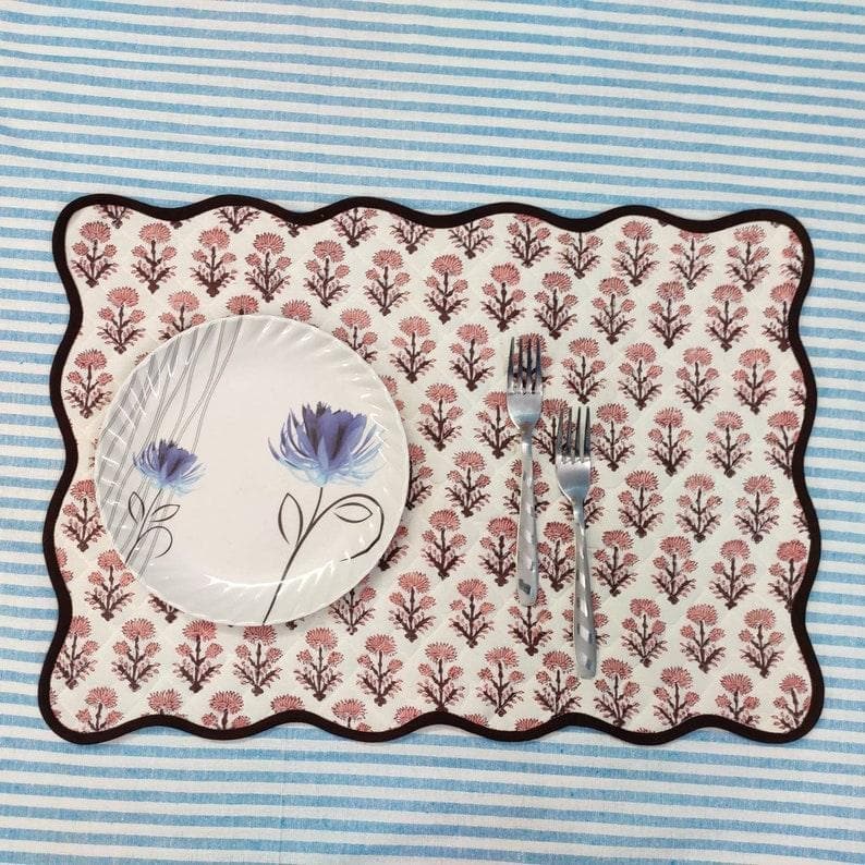 Floral Block Printed Scallop Cotton Placemats and Napkins