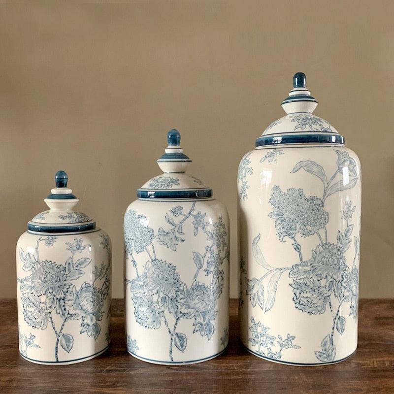 Floral Blue Asian Ceramic Jar