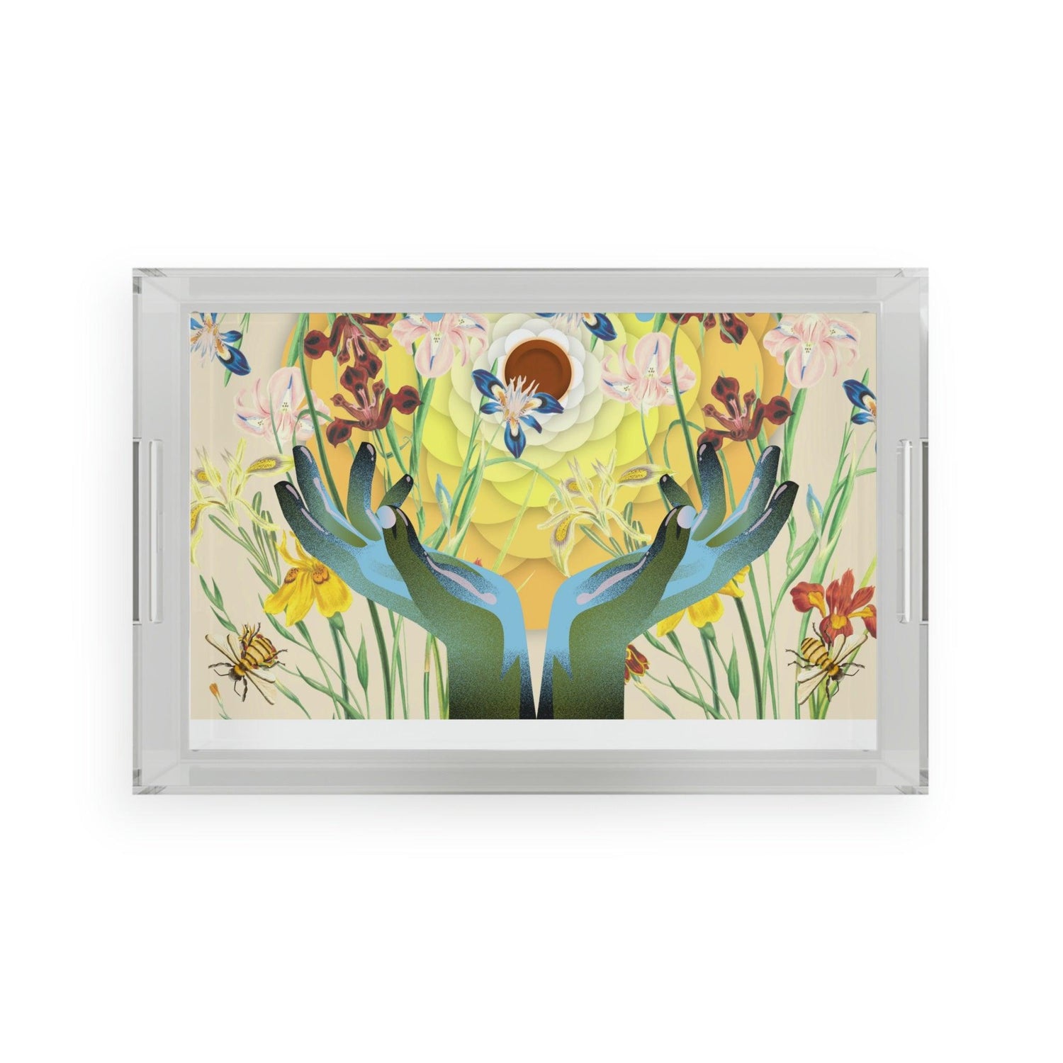 Floral Blue Hands Acrylic Serving Tray 11" x 17" Clear