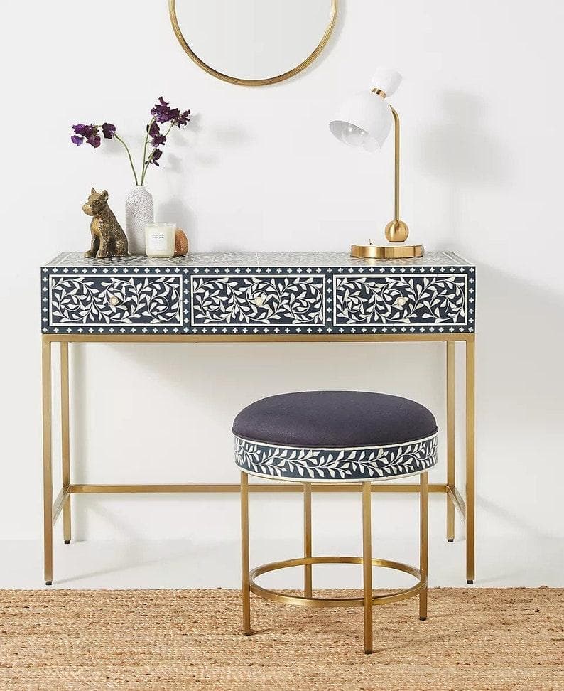 Floral Bone Inlay Vanity Console and Stool Set bone inlay console and stool