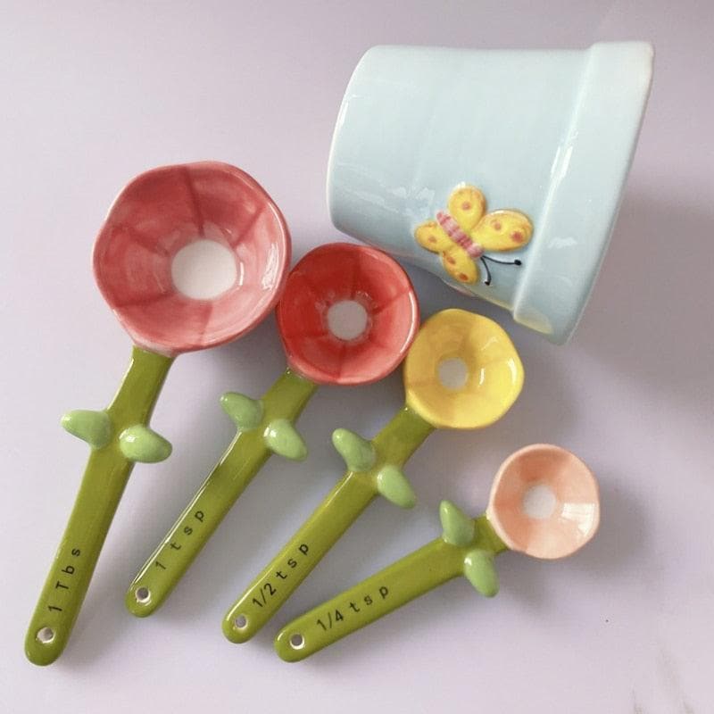 Toorise 4pcs Porcelain Measuring Spoons Set with Base Cute Cactus Shape Stirring Soup Spoon Reusable and Durable Ceramic Flower Pot Measuring Spoon