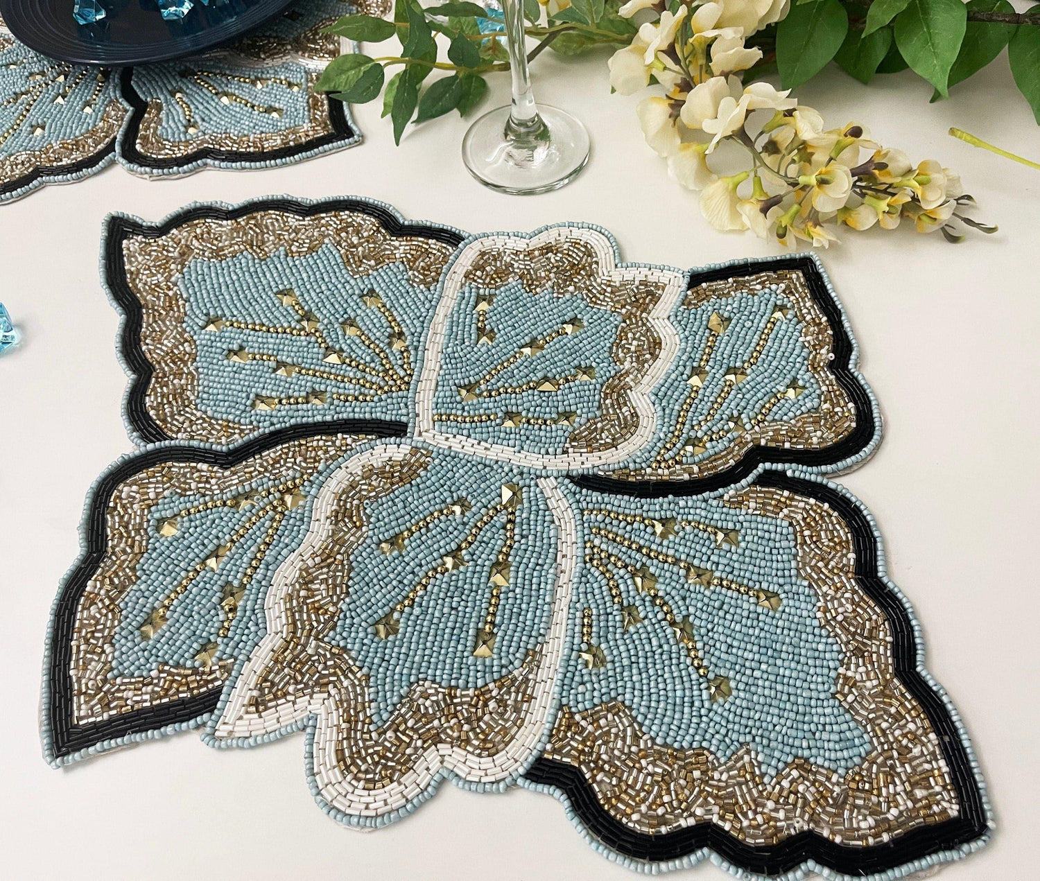 Floral Leaf Beaded Placemat - Blue and Gold - Set of 2 Default Title