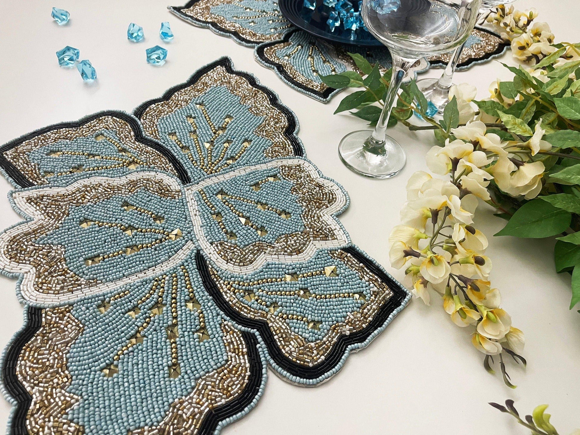 Floral Leaf Beaded Placemat - Blue and Gold - Set of 2 - MAIA HOMES